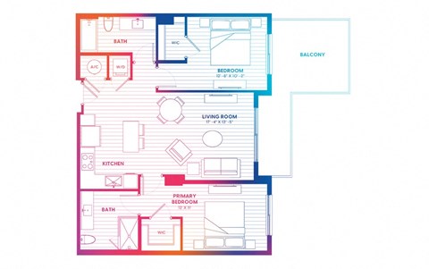Floor plan for 2 beds, 2 baths, 1005 sqft